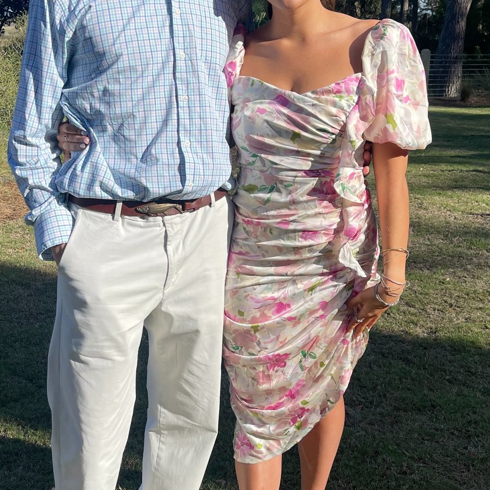 Astr Pink Floral Midi Dress with Puff Sleeves